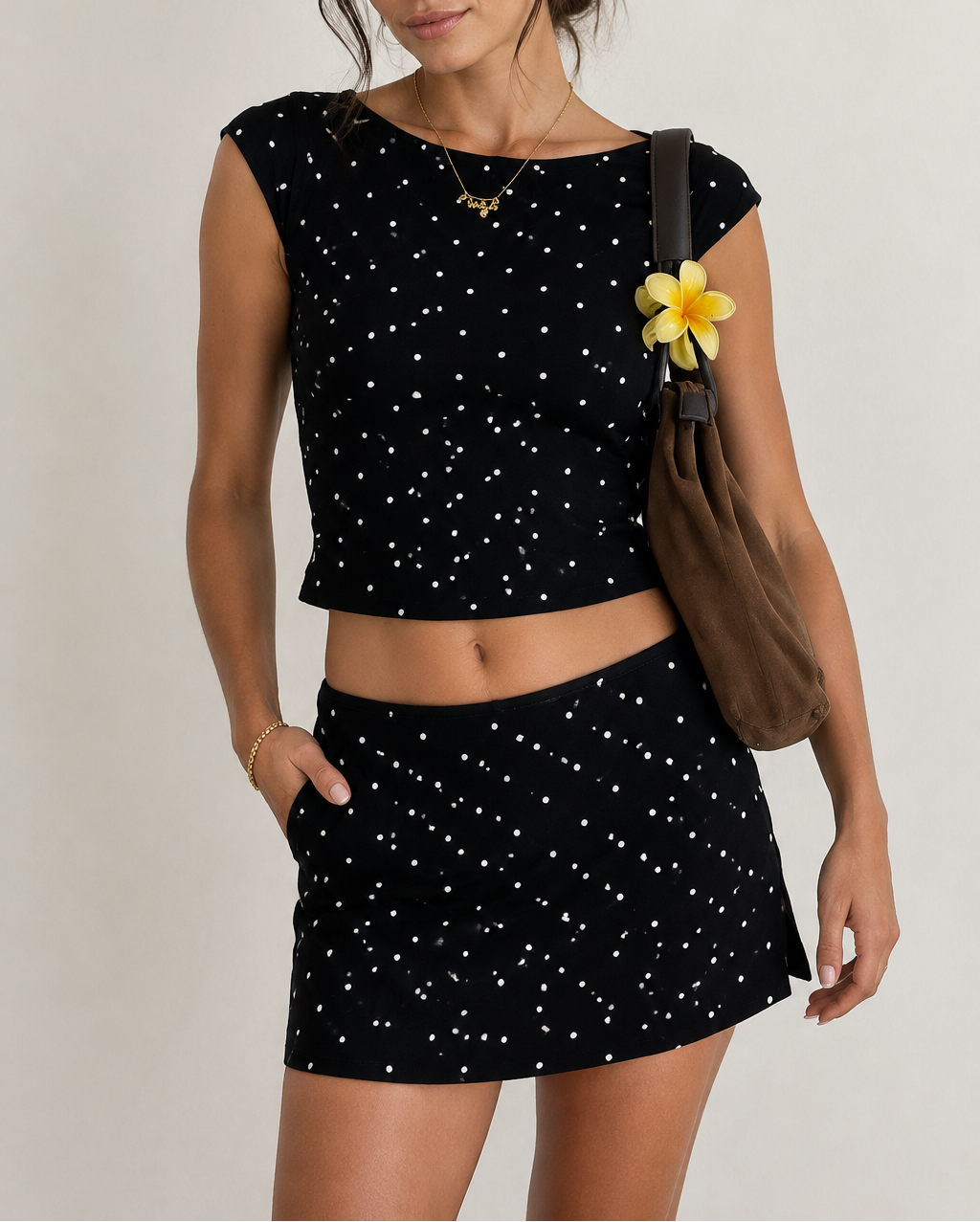 Women's Polka Dot Crop Top & Mini Skirt Set — Boat Neck