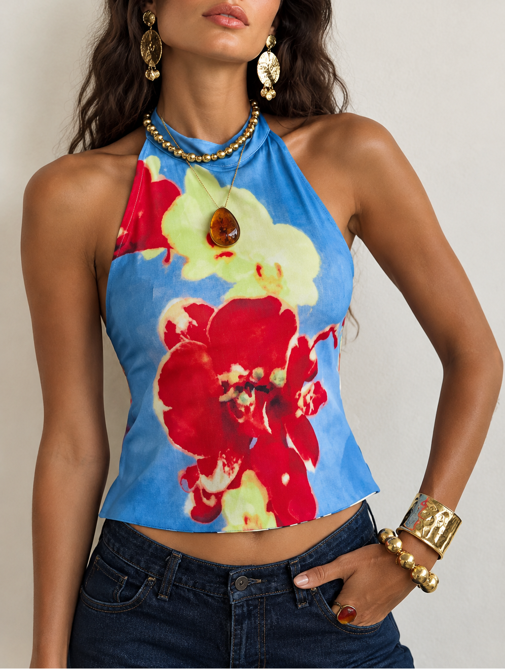 Women's Printed Halter Crop Top — Button Front