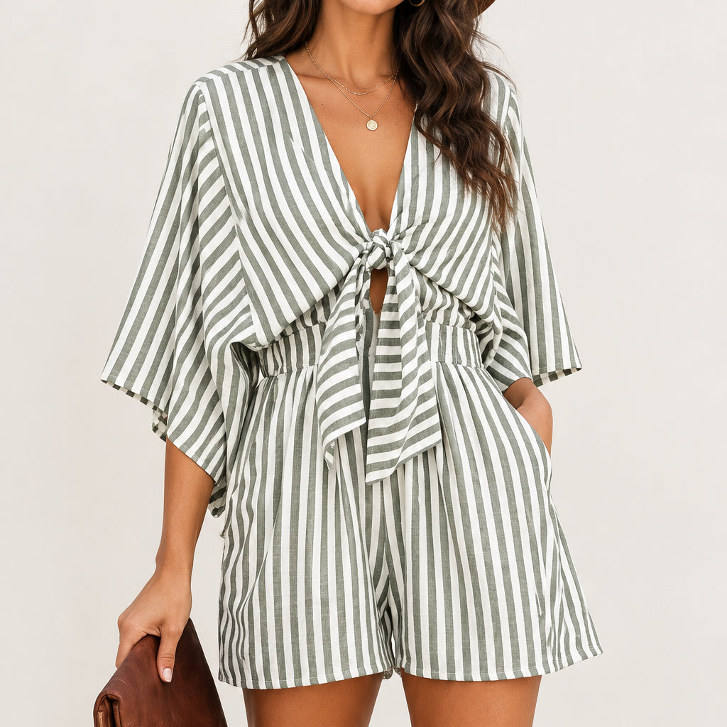 Women's Striped Flared Sleeve Jumpsuit — Deep V