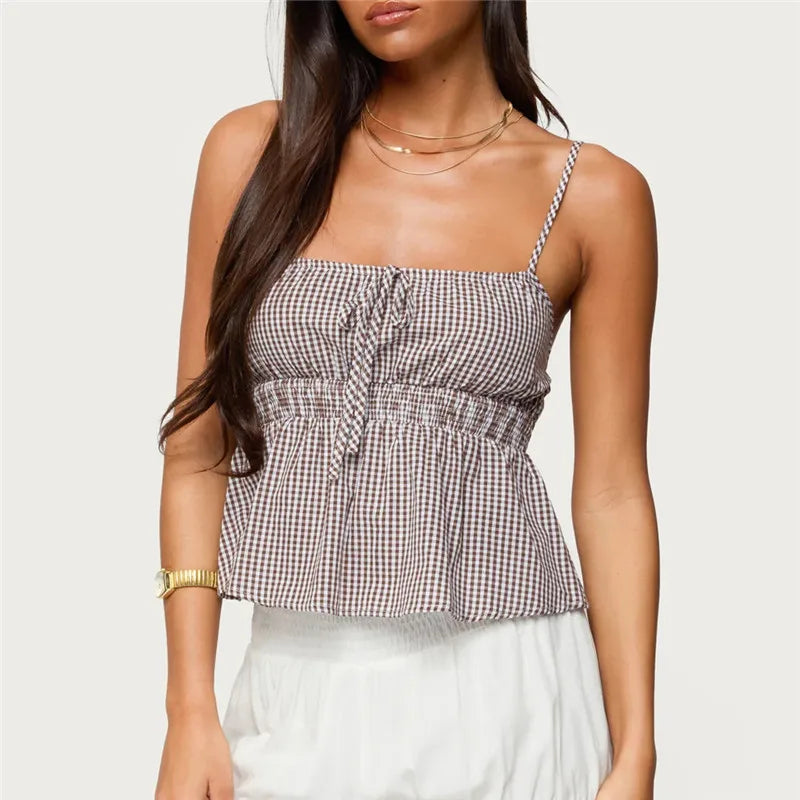 Women's Gingham Peplum Cami Top — Tie Front
