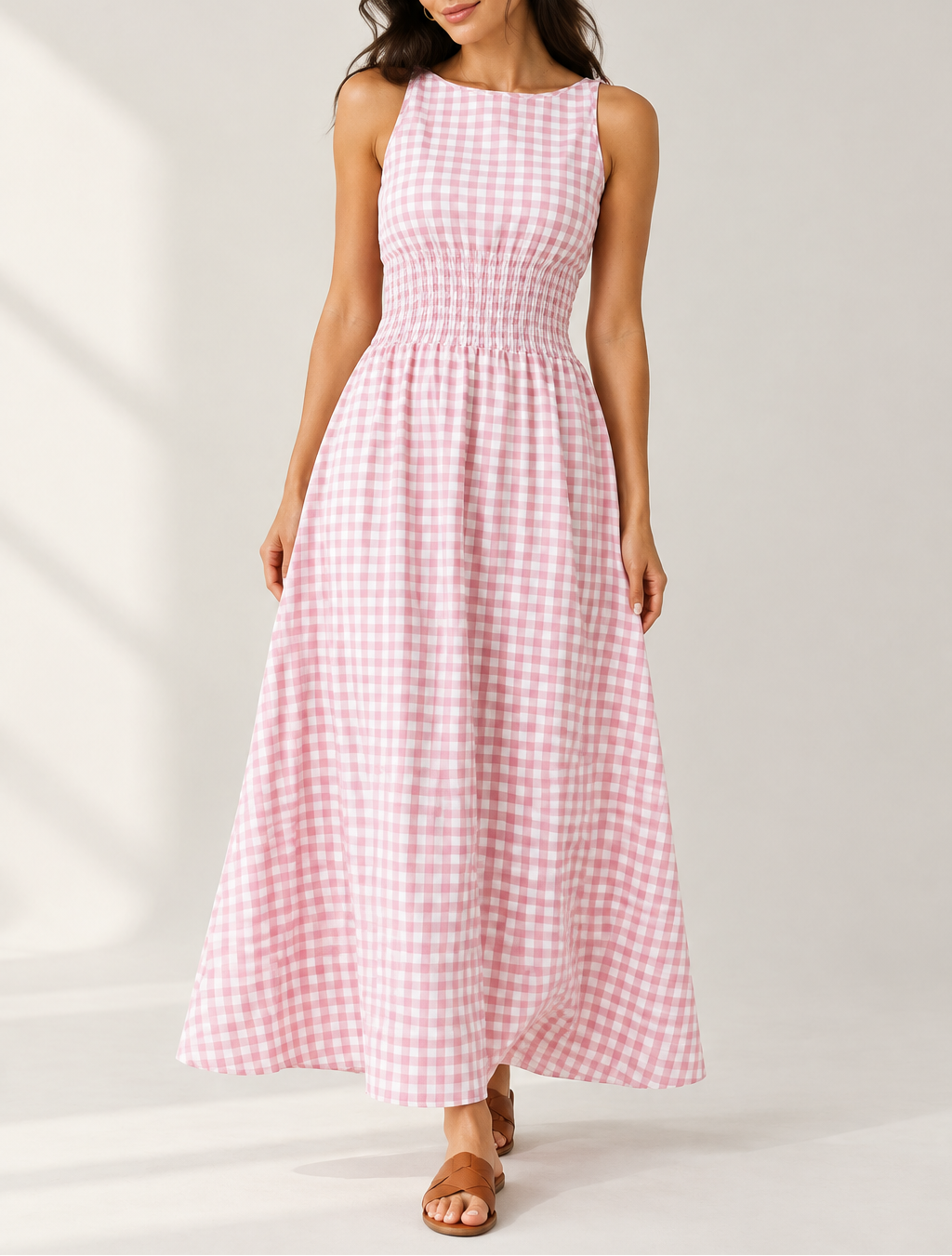 Women's Gingham Maxi Dress — Drawstring Waist