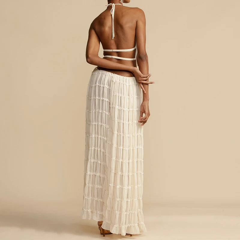 Women's Ruched Halter Top & Maxi Skirt Set — Backless