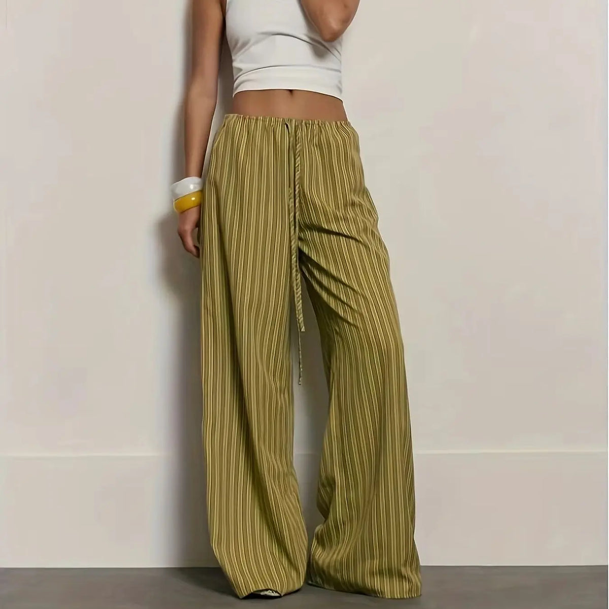 Women's Olive Striped Wide Leg Pants — Drawstring