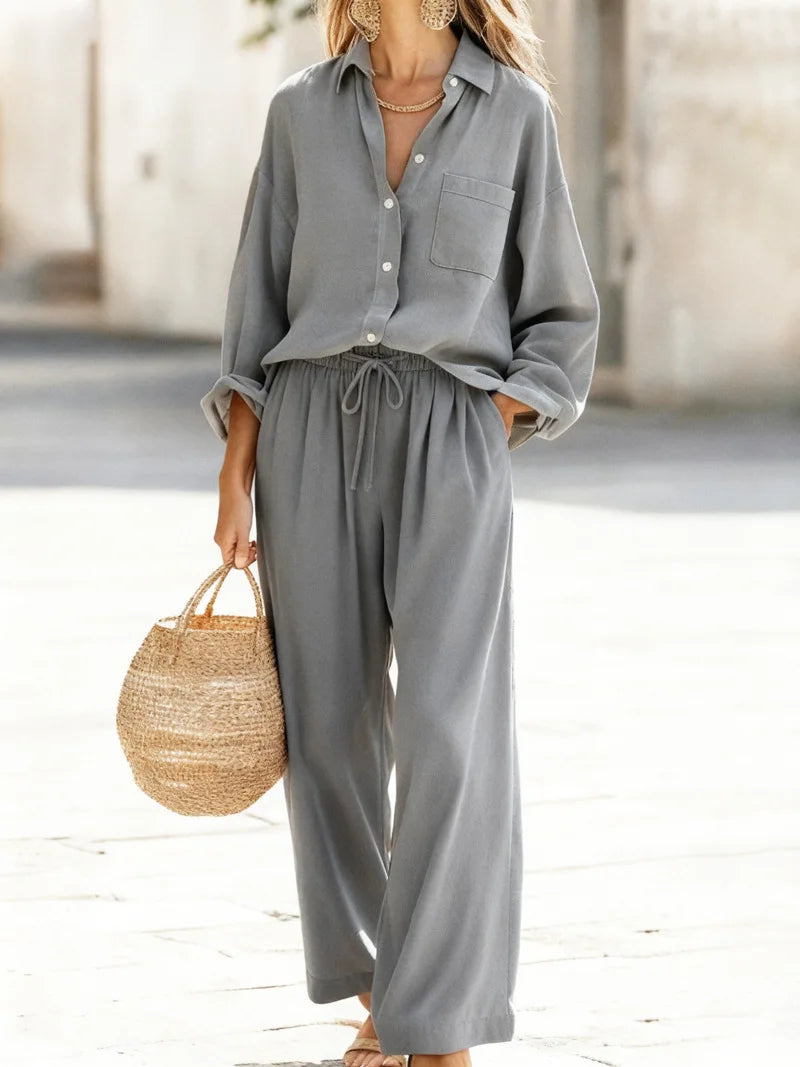 Women's Collared Shirt & Wide Leg Pant Set — Two-Piece