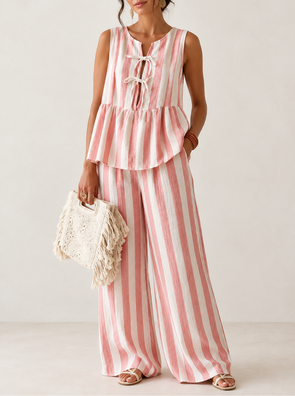 Women's Linen Striped Vest & Wide Leg Trouser Set — Two-Piece