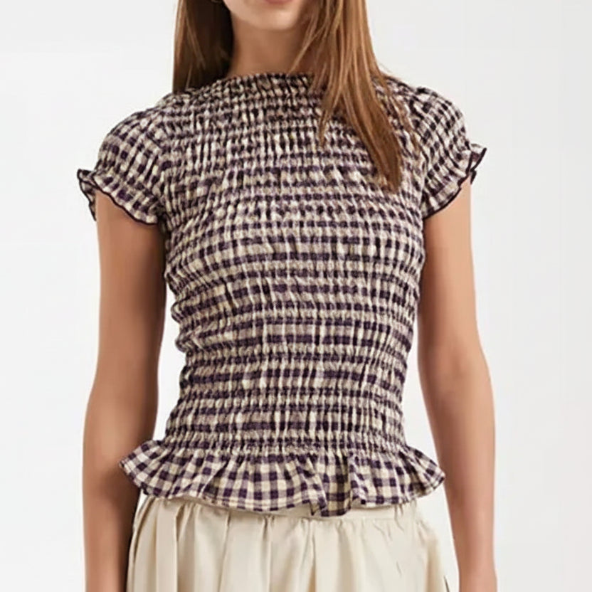 Women's Gingham Smocked Peplum Top — Short Sleeve