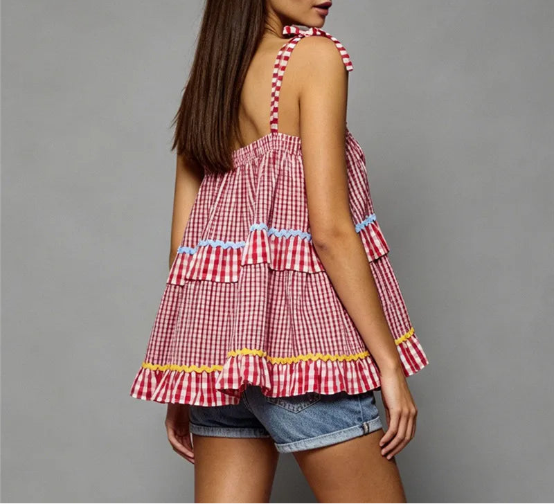 Women's Red Gingham Tiered Peplum Cami