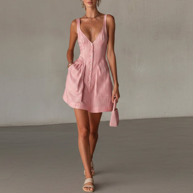 Women's Button Front Mini Dress — Deep V with Pockets