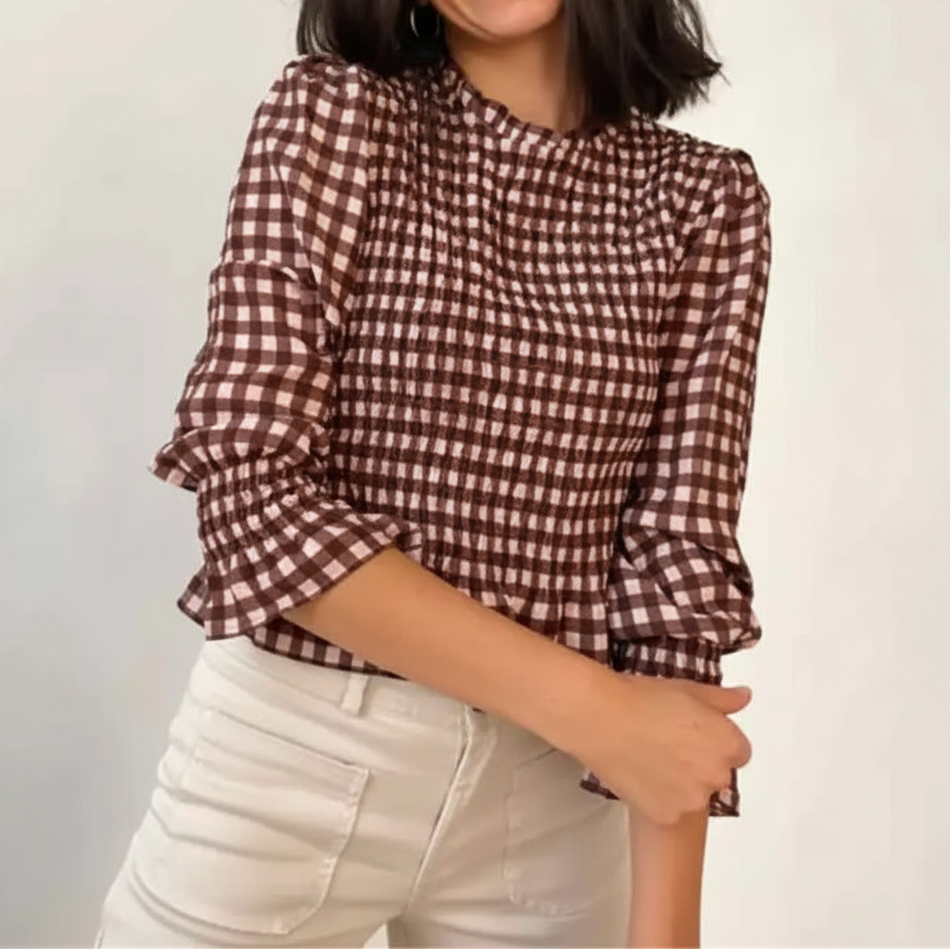 Women's Gingham Peplum Top — Puff Long Sleeve