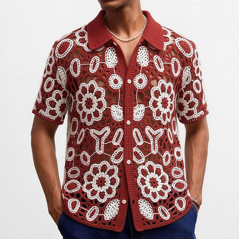 Men's Floral Crochet Lace Shirt — Short Sleeve