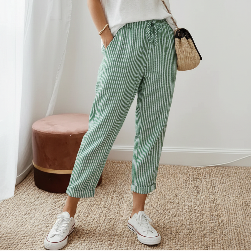 Women's Striped Drawstring Trousers — Loose Fit