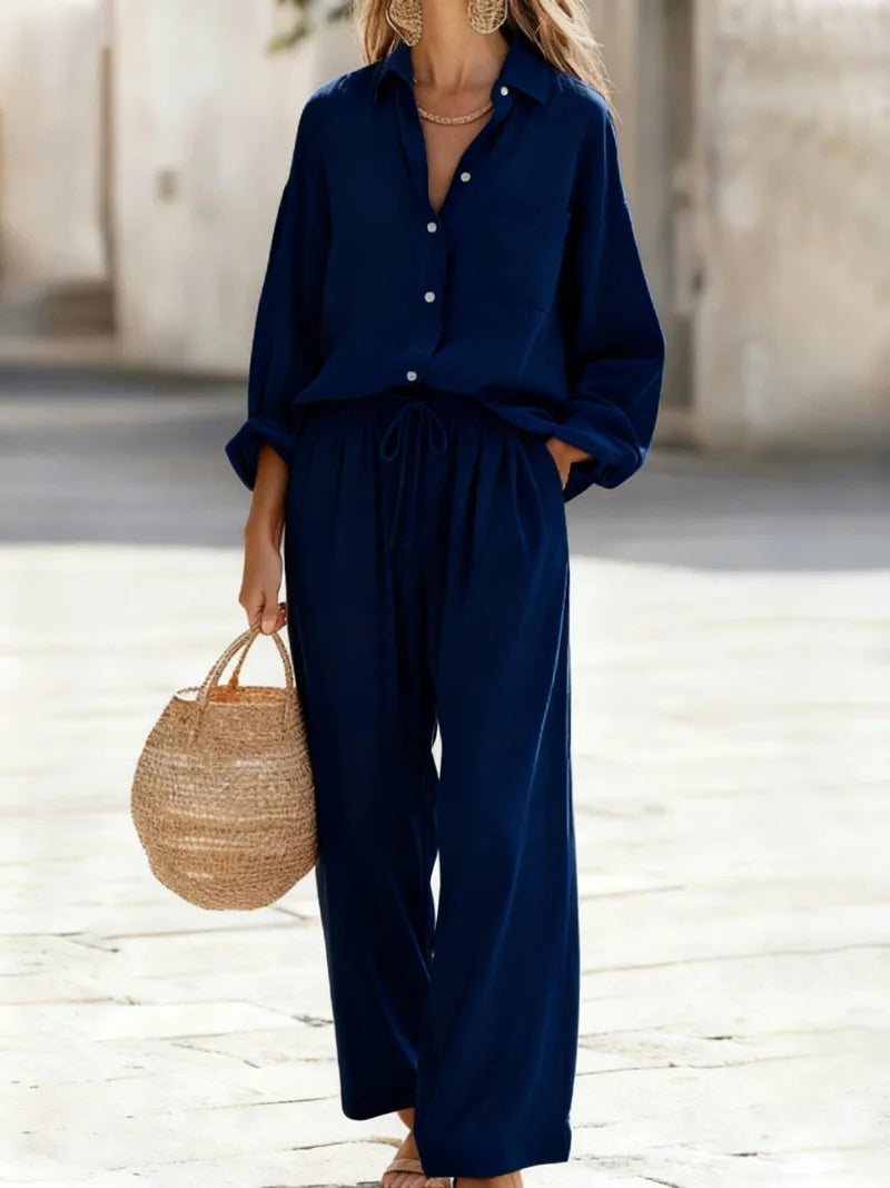 Women's Collared Shirt & Wide Leg Pant Set — Two-Piece