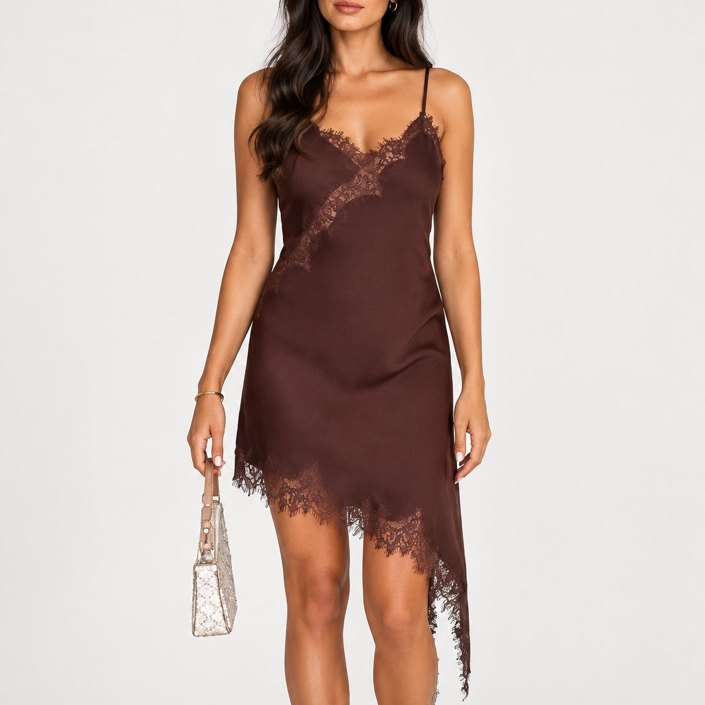 Women's Lace Trim Asymmetric Slip Dress — Mini
