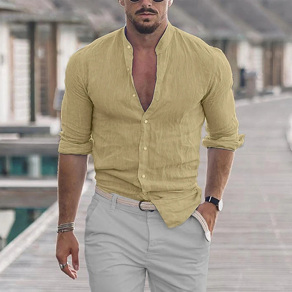 Men's Cotton Linen Shirt — Mandarin Collar
