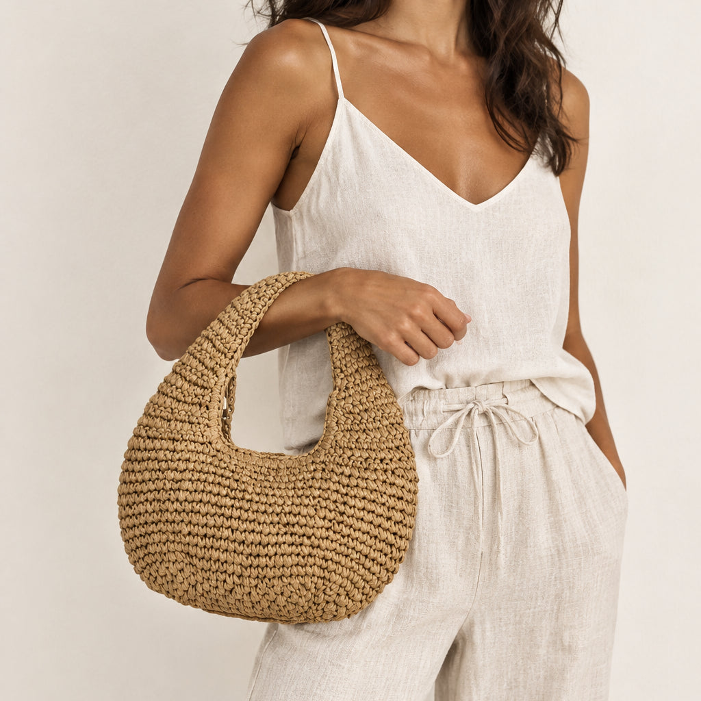 Women's Half-Moon Straw Tote Bag — Handwoven