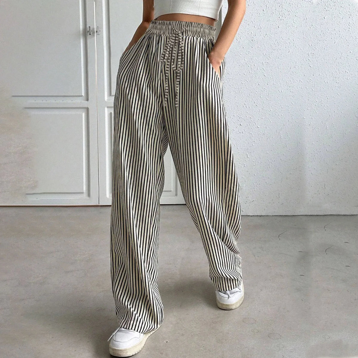 Women's Striped Straight Leg Trousers — High Waist