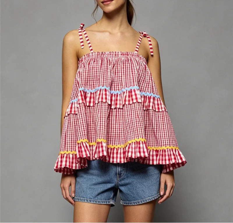 Women's Red Gingham Tiered Peplum Cami