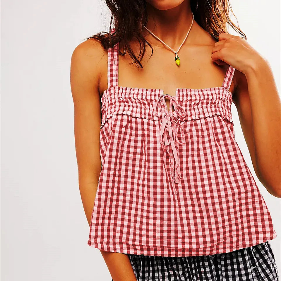Women's Plaid Smocked Cami Top — Tie Front