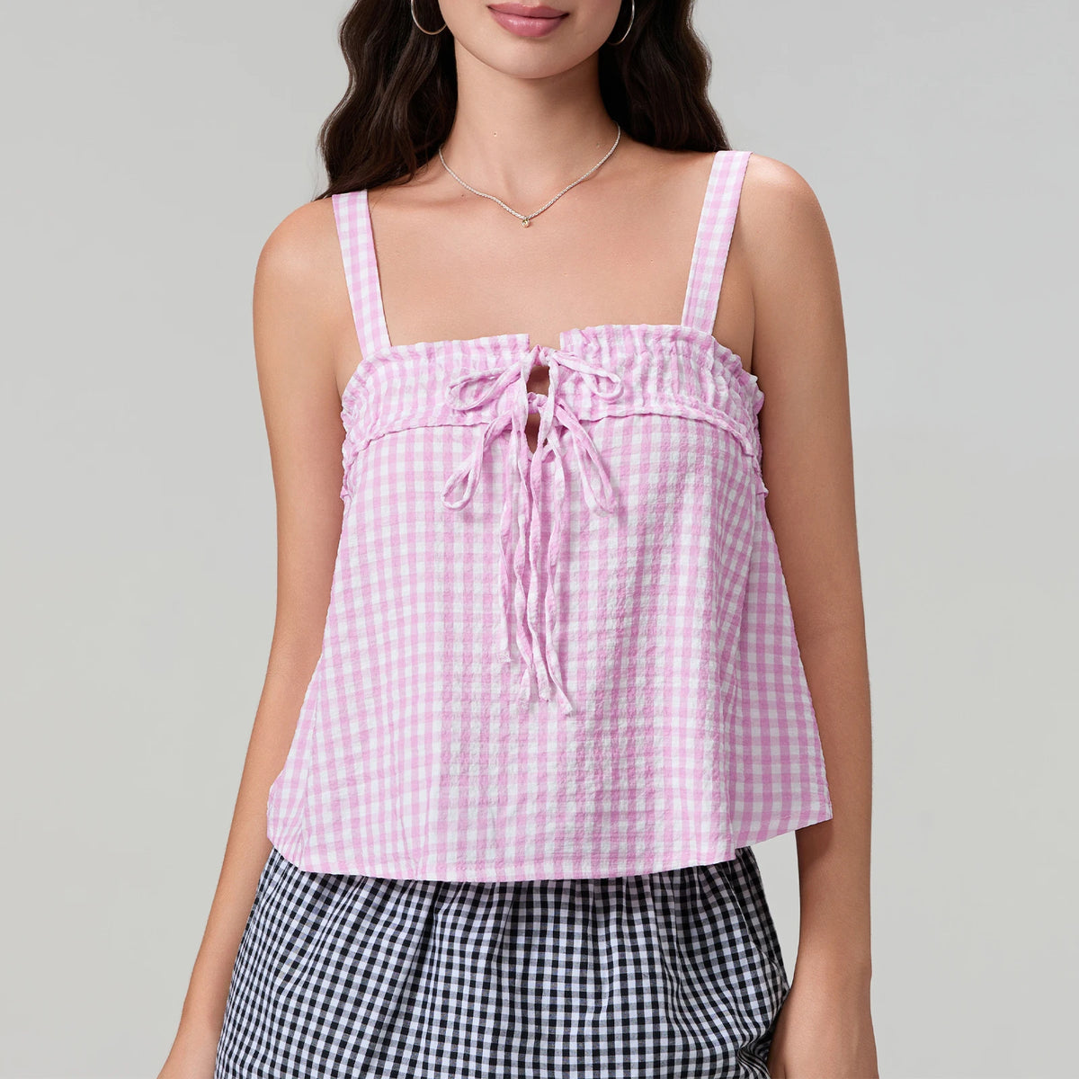 Women's Plaid Smocked Cami Top — Tie Front