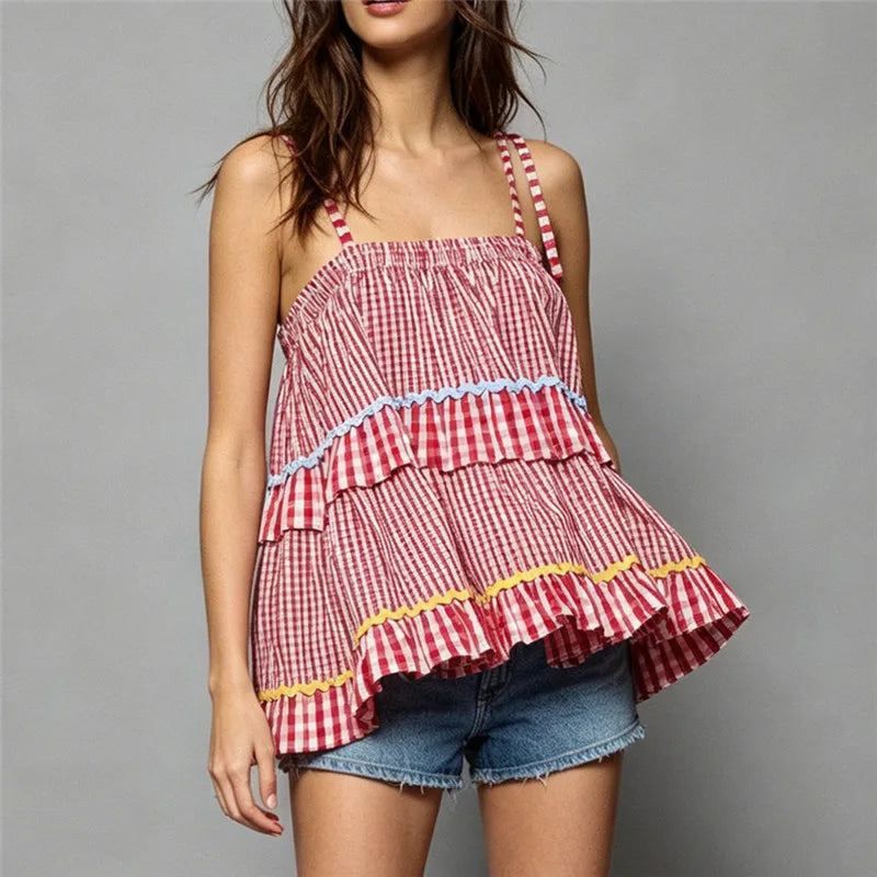 Women's Red Gingham Tiered Peplum Cami