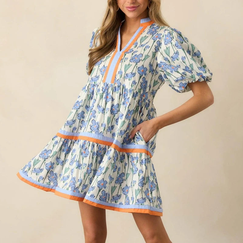 Women's Striped Babydoll Mini Dress — Puff Sleeve