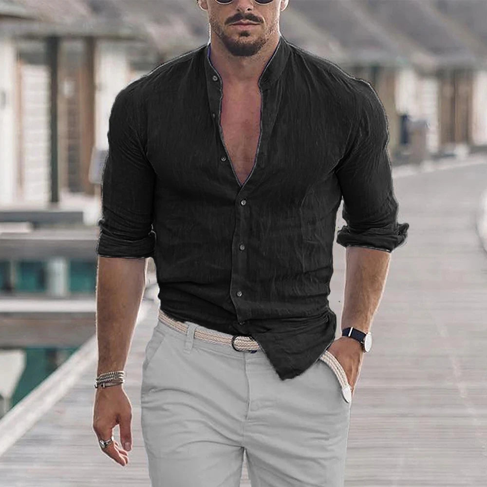 Men's Cotton Linen Shirt — Mandarin Collar