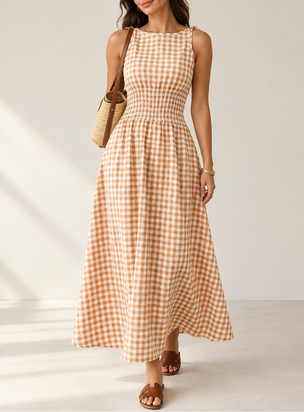 Women's Gingham Maxi Dress — Drawstring Waist