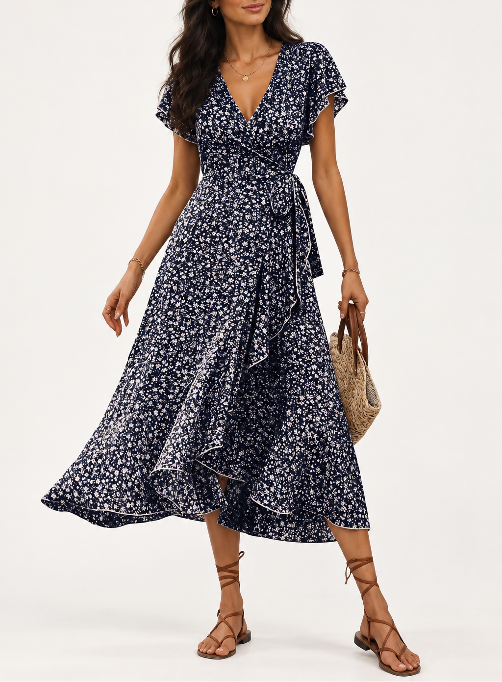 Women's Floral Ruffle Wrap Dress — Tie Side