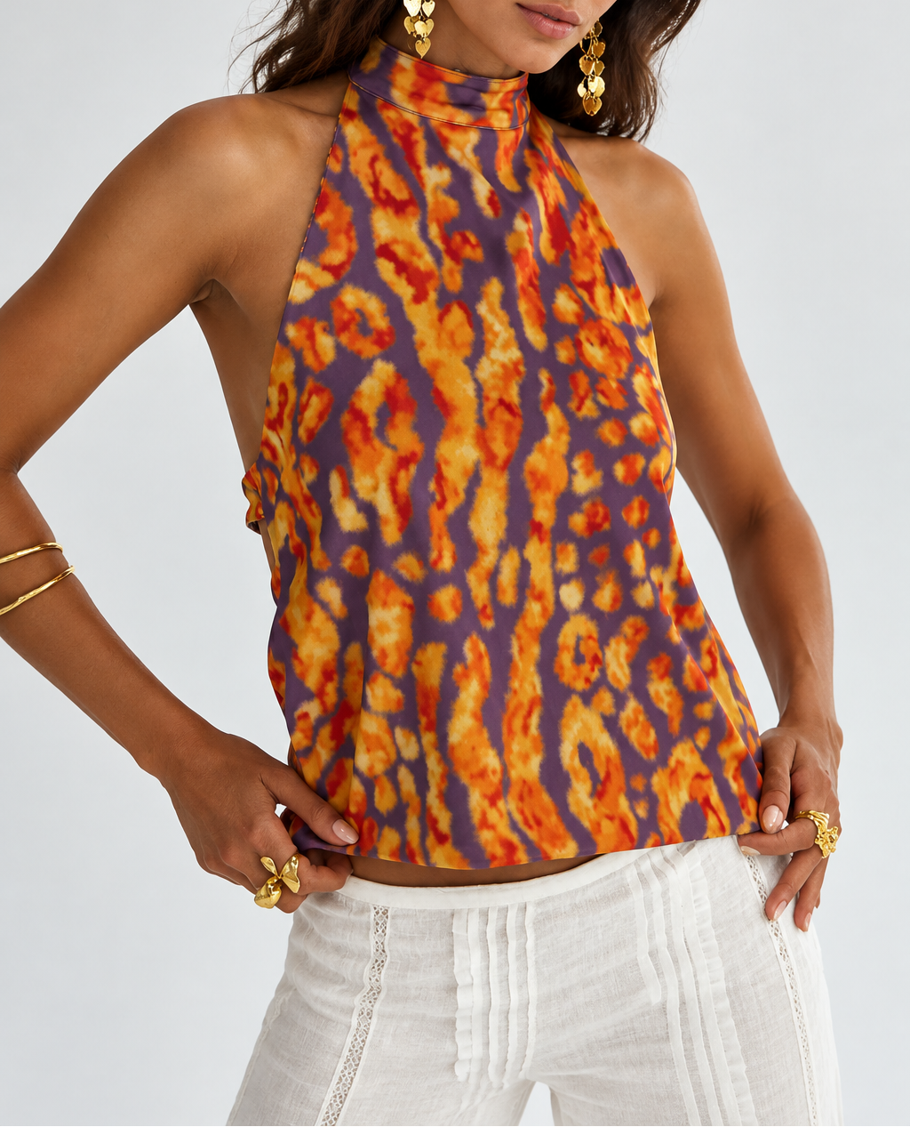 Women's Printed Halter Crop Top — Button Front