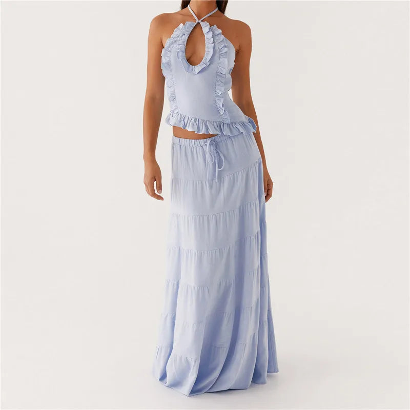 Women's Ruffle Halter Top & Maxi Skirt Set — Tie Back