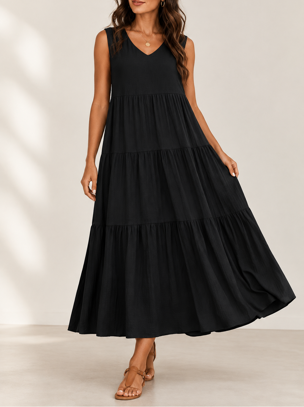 Women's V-Neck A-Line Midi Dress — Sleeveless