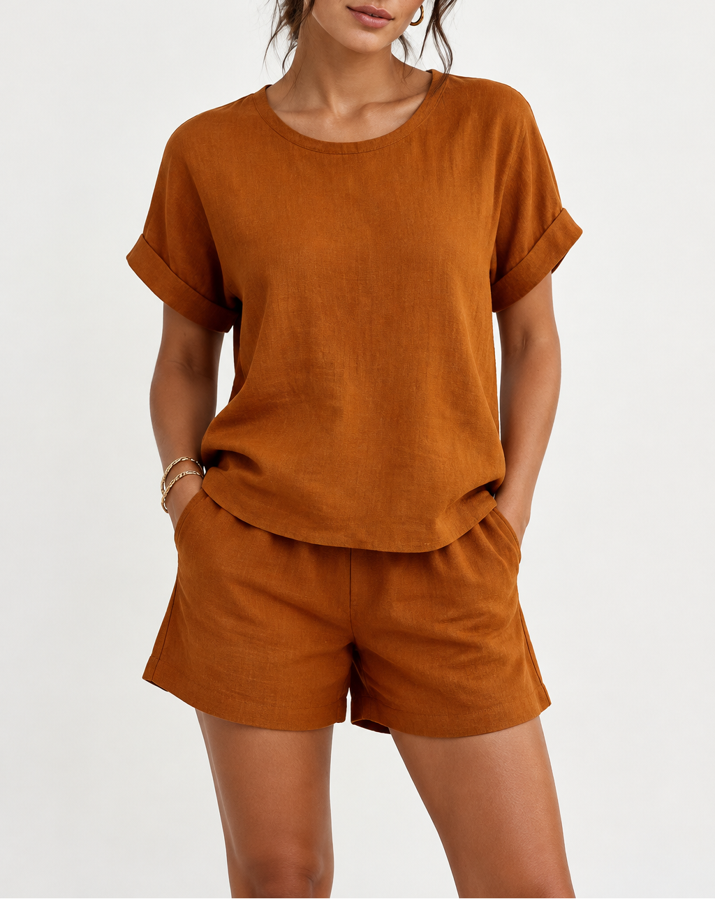 Women's Linen Shirt &  Waist Shorts Set