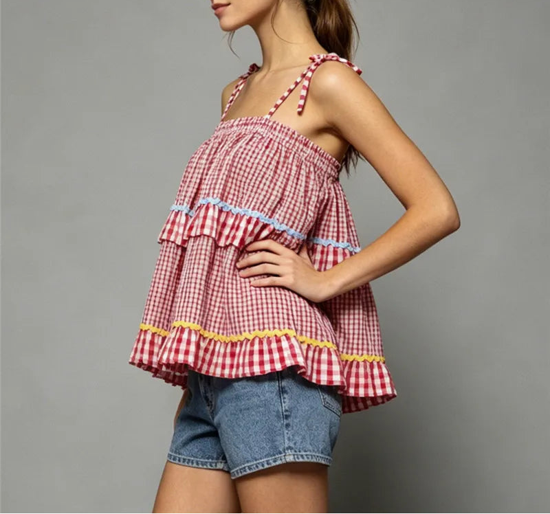Women's Red Gingham Tiered Peplum Cami