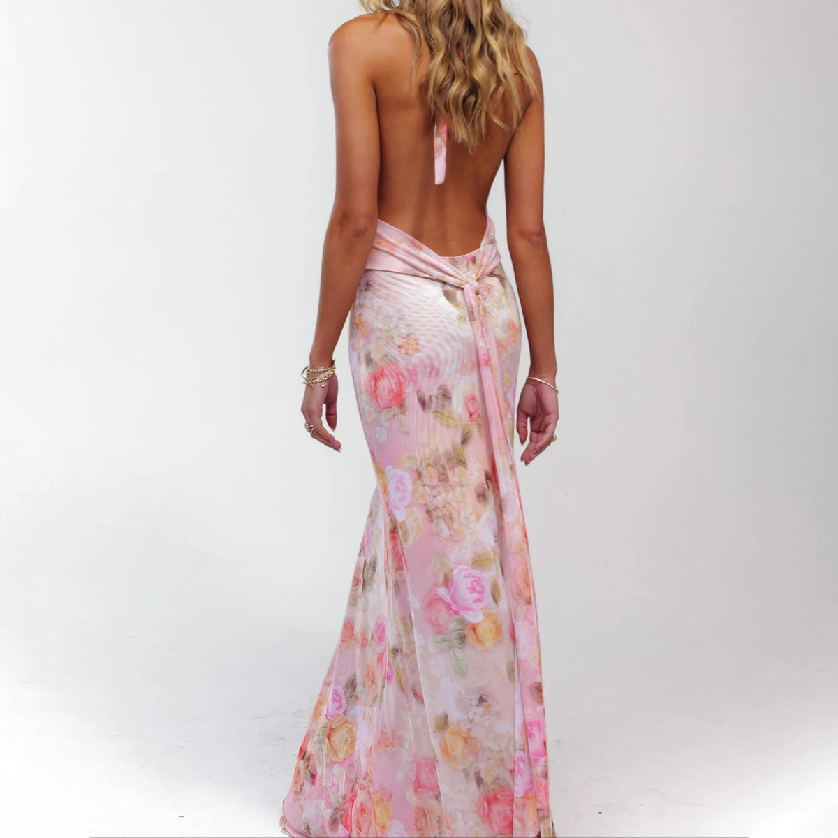 Women's Halter Maxi Dress — Backless Ruffle Hem