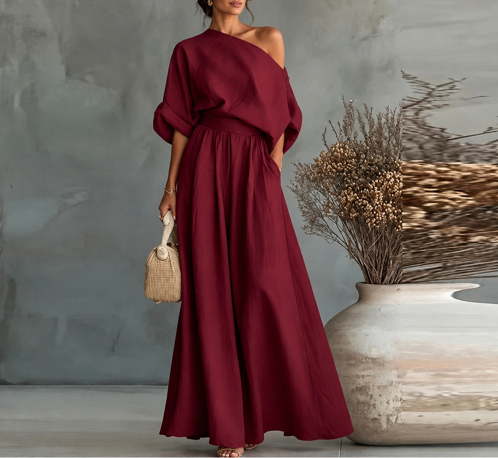 Women's Skew Neck Top & Wide Leg Pant Set
