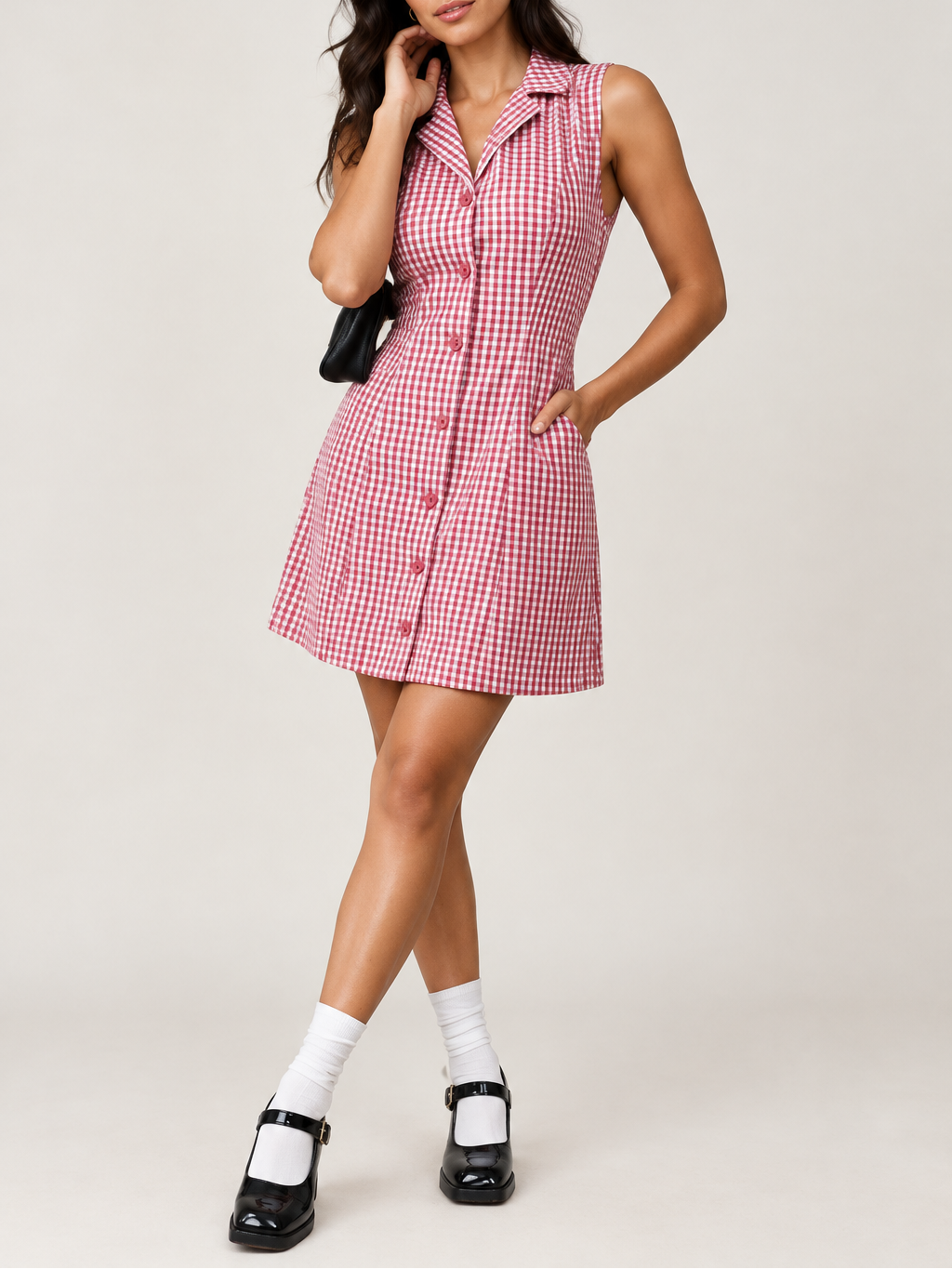 Women's Gingham Lace-Up Mini Dress — Button Front