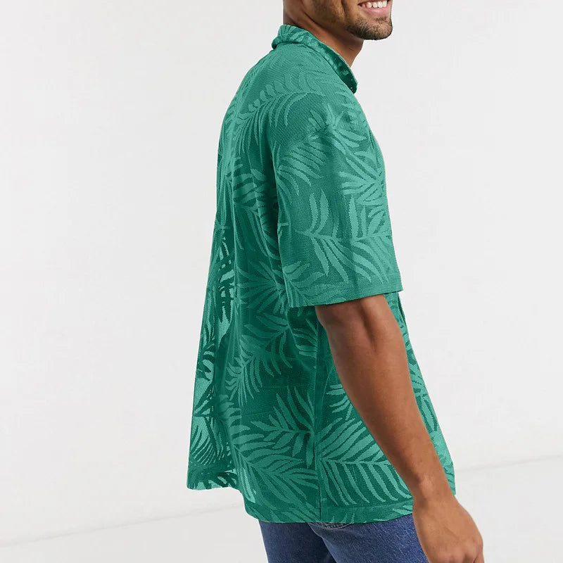 Men's Leaf Print Open-Knit Shirt — Short Sleeve
