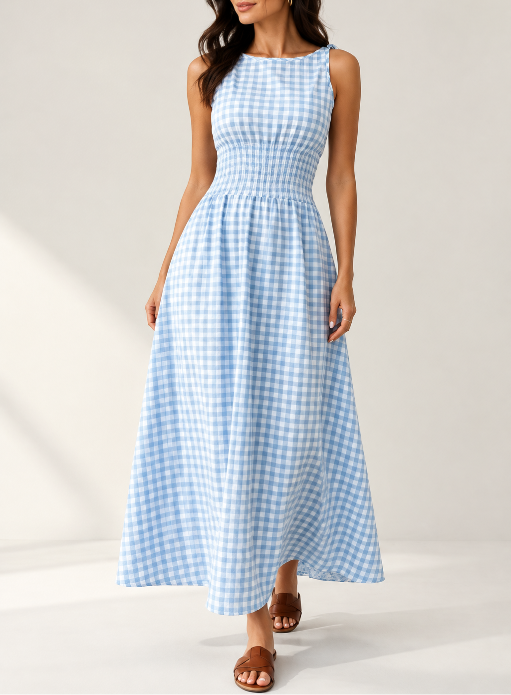 Women's Gingham Maxi Dress — Drawstring Waist