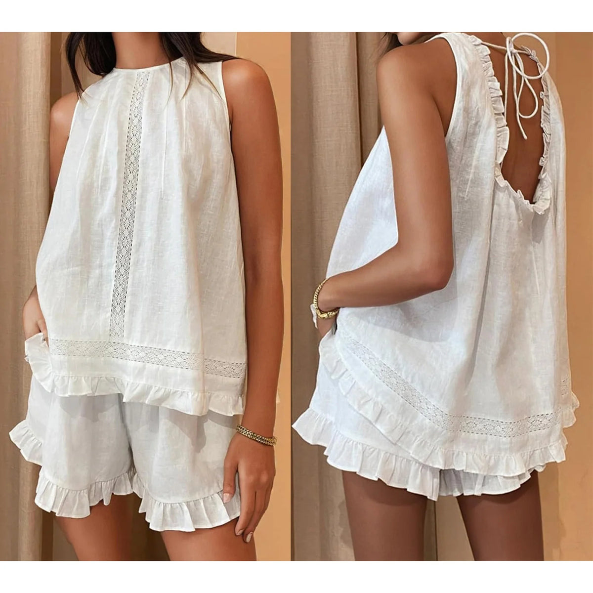 Women's Cotton Linen Top & Shorts Set — Lace Trim