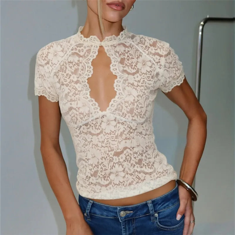 Women's Lace Mock Neck Crop Top — Keyhole