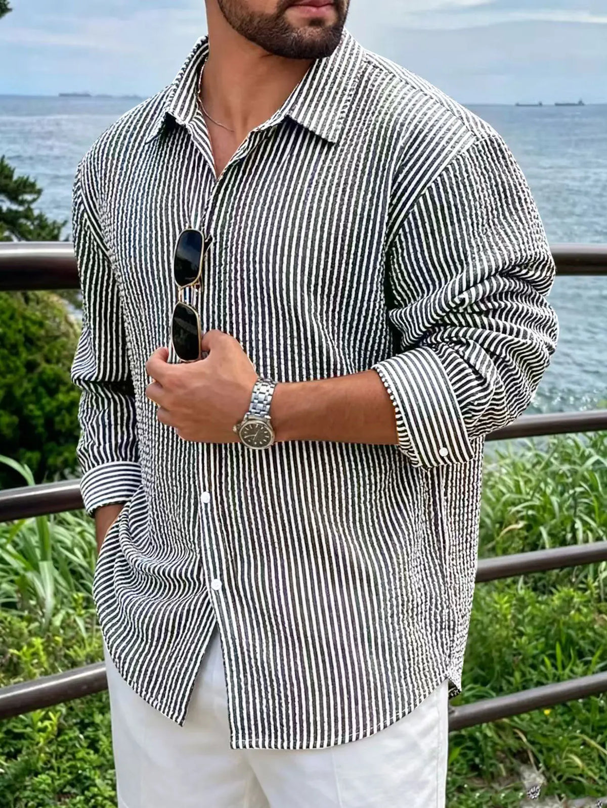 Men's Striped Long Sleeve Shirt — Loose Fit