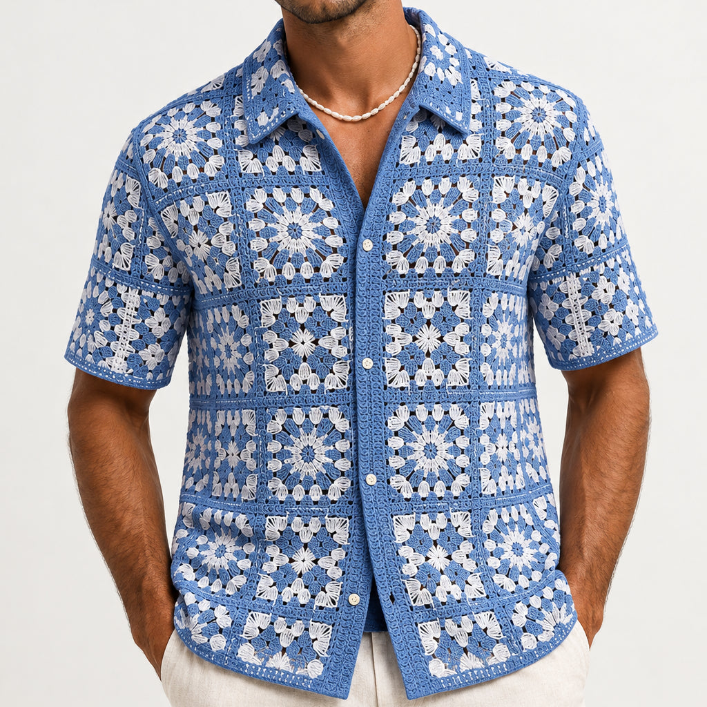 Men's Granny Square Crochet Shirt — Cuban Collar