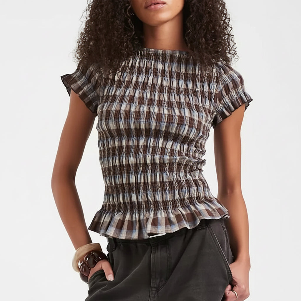 Women's Gingham Smocked Peplum Top — Short Sleeve
