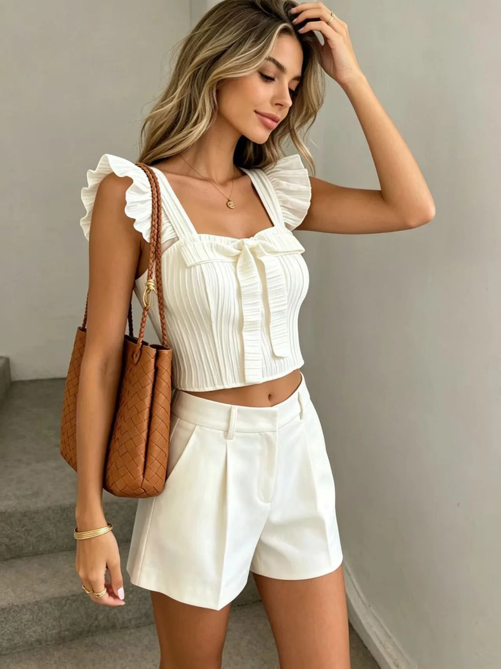Women's Pleated Ruffle Cami Top — Square Neck