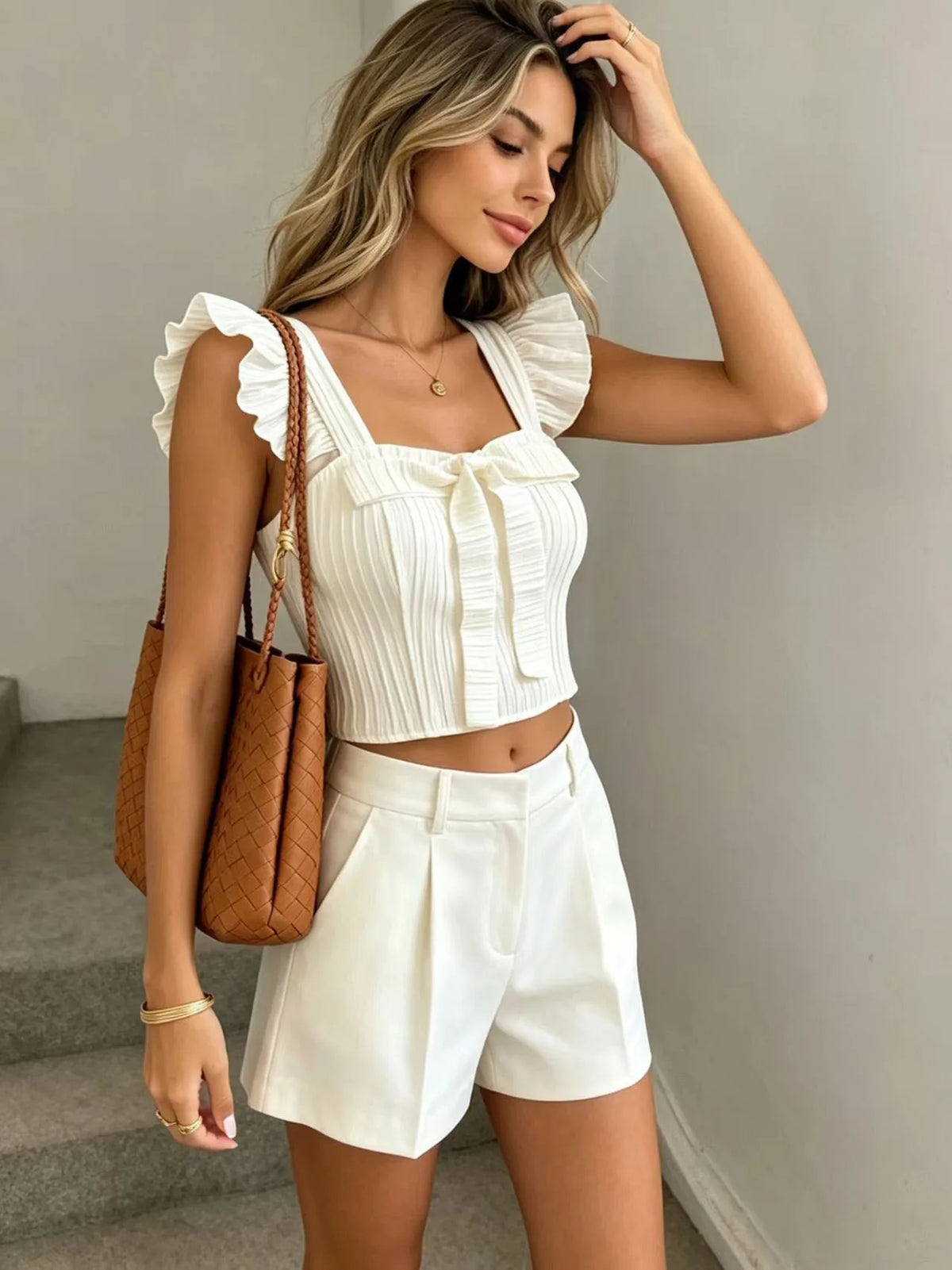 Women's Pleated Ruffle Cami Top — Square Neck