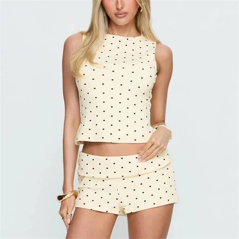 Women's Polka Dot Tank & Shorts Set — High Neck