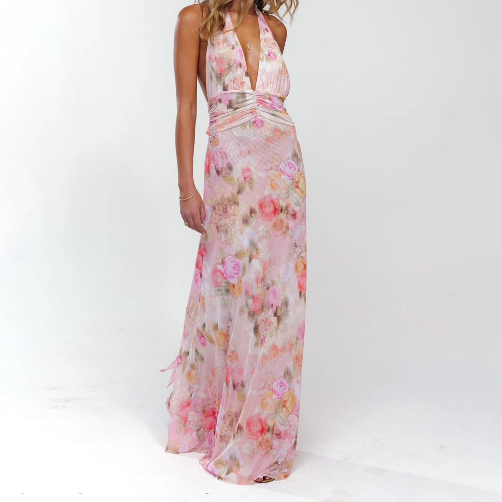 Women's Halter Maxi Dress — Backless Ruffle Hem