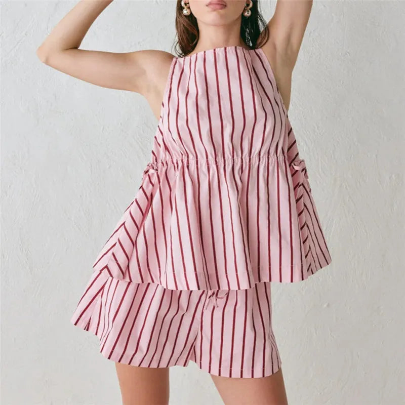 Women's Striped Peplum Top & Shorts Set