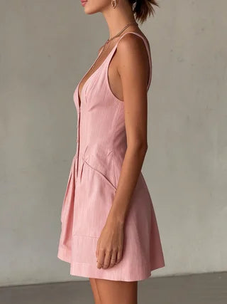Women's Button Front Mini Dress — Deep V with Pockets