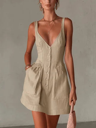 Women's Button Front Mini Dress — Deep V with Pockets